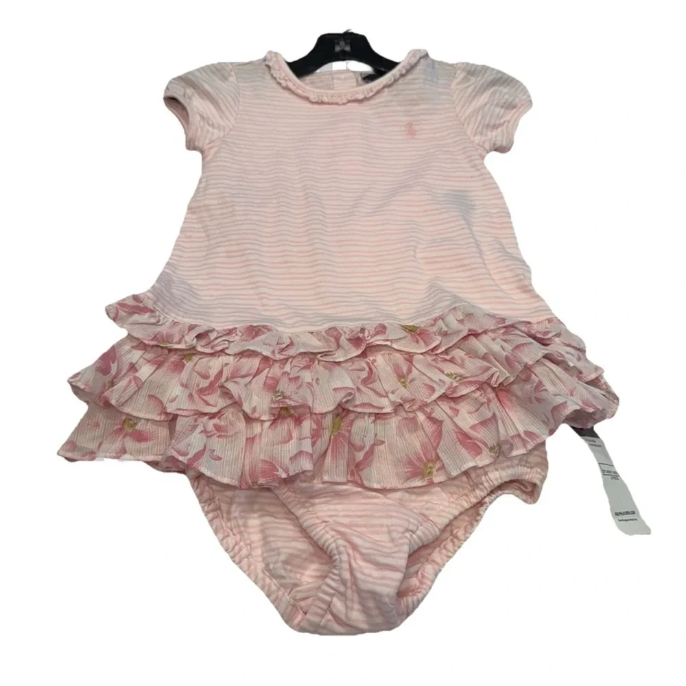 Ralph Lauren Baby Girl Ruffle Dress Light Pink Size 9M, 2 Pcs NWT